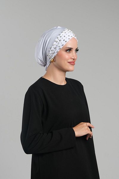 HÜRREM BONE Practical White Hijab Bonnet - Sandy Fabric, Stone Detailed, Snap-On 1456_42