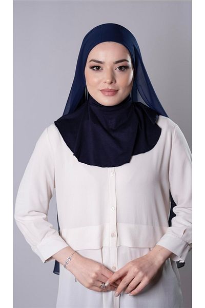 HÜRREM BONE Navy Blue Practical Ready-made Snap Shawl Chiffon Fabric Hijab Bonnet 3009_02