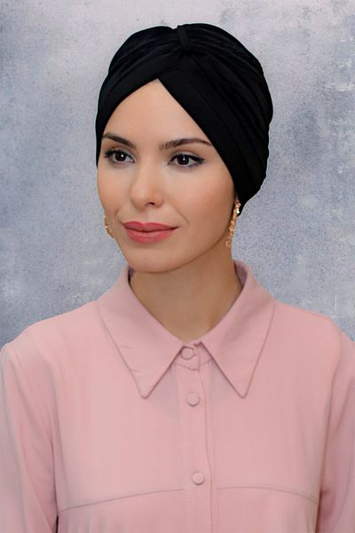 HÜRREM BONE Black Practical Ready-to-Fit Hijab Bonnet Fukuro Sandy Fabric Gathered 1831_01