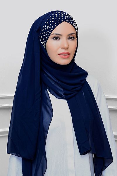 HÜRREM BONE Navy Blue Practical Ready-made Snap-on Bonnet Shawl Chiffon Self Boned Stone Χειροποίητο Κεντημένο 1450_02