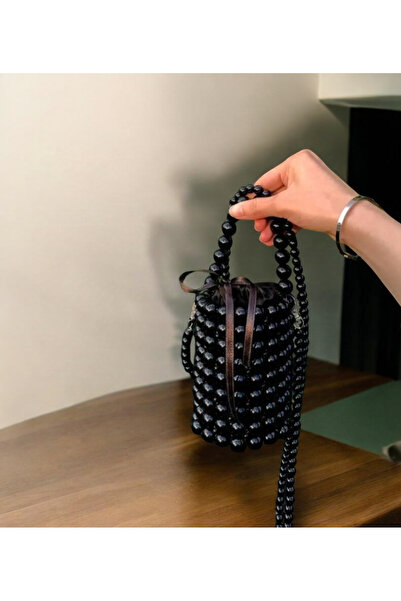 Ayenci Black Pearl Beaded Cylinder Clutch Bag - Shoulder Bag No Peeling