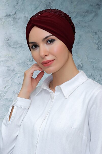 HÜRREM BONE أحمر كلاريت عملي جاهز للمناسب حجاب بونيه قماش رملي مطرز بالترتر م...