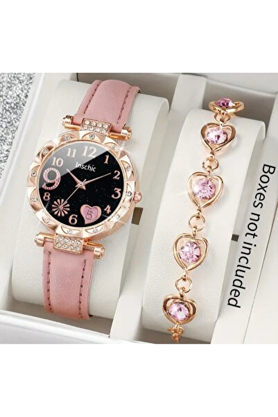 stainless steell VİP pembe renk suni deri kuvars saat bileklik set