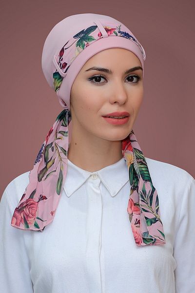 HÜRREM BONE Πούδρα Πρακτικό έτοιμο κουμπωτό Hijab Bonnet Sandy ύφασμα με σχέδιο σιφόν με ζώνη 1205d_06