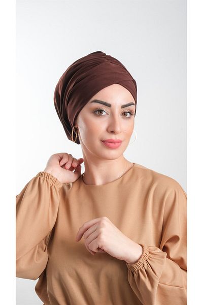 HÜRREM BONE Καφέ Πρακτικό έτοιμο κουμπωτό Hijab Bonnet Sandy Fabric Gathered 2114_14