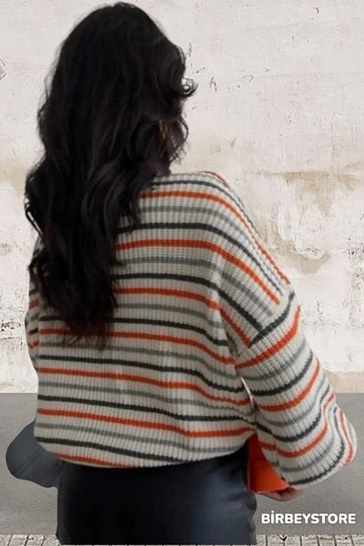 BİRBEYSTORE Orange Striped Women's Knitwear Sweater