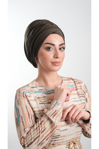 HÜRREM BONE Χακί Πρακτικό έτοιμο κουμπωτό Hijab Bonnet Sandy Fabric Gathered 2114_09