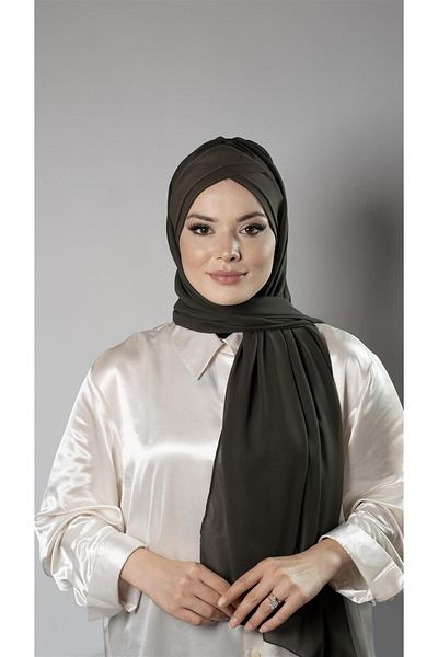 HÜRREM BONE Khaki Practical Ready-made Snap-on Bone Shawl Chiffon Self-bonded with Two Bands 1452_09