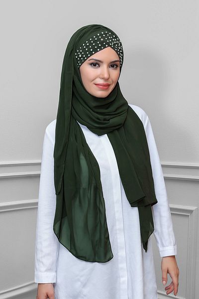 HÜRREM BONE Khaki Practical Ready-made Interlaced Bone Shawl Chiffon Self-Sewn Bonnet Stone Handmade Embroidered 1450_09
