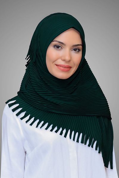 HÜRREM BONE Σμαραγδένιο Πρακτικό Έτοιμο Μαντίλι Hijab με κομμένες ίνες Πλισέ με κρόσσια κοπή με λέιζερ 1818_37