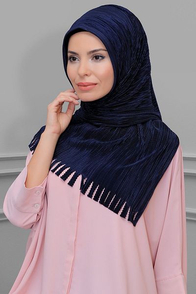 HÜRREM BONE Navy Blue Practical Ready Snap-on Hijab Scarf Fukuro Πλισέ με κρόσσια κοπή με λέιζερ 1828_02