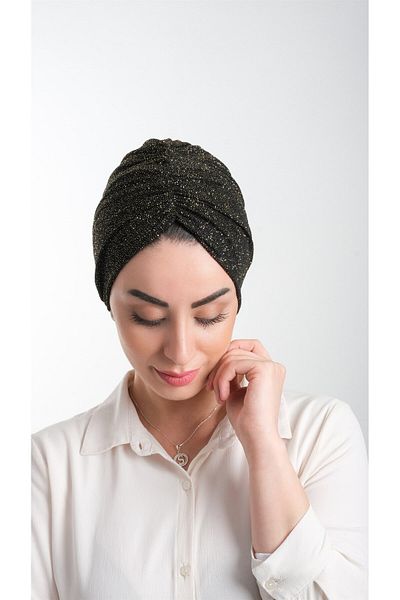 HÜRREM BONE Μαύρο-χρυσό Πρακτικό έτοιμο κουμπωτό Hijab Bonnet Fukuro Glittered Gathered 2116_102
