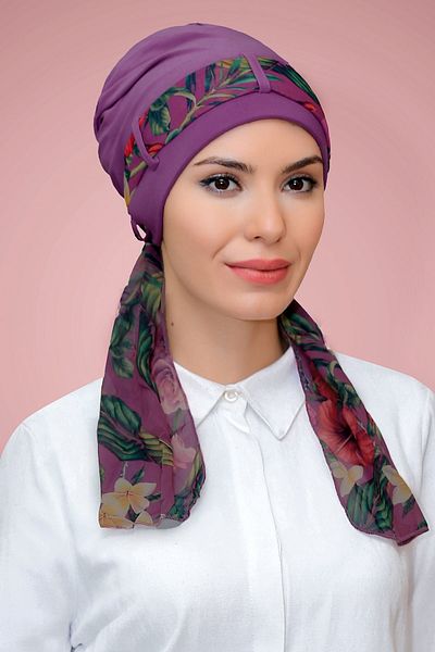 HÜRREM BONE Βιολετί Πρακτικό έτοιμο κουμπωτό Hijab Bonnet Αμμώδες ύφασμα με σχέδιο σιφόν με ζώνη 1205d_21