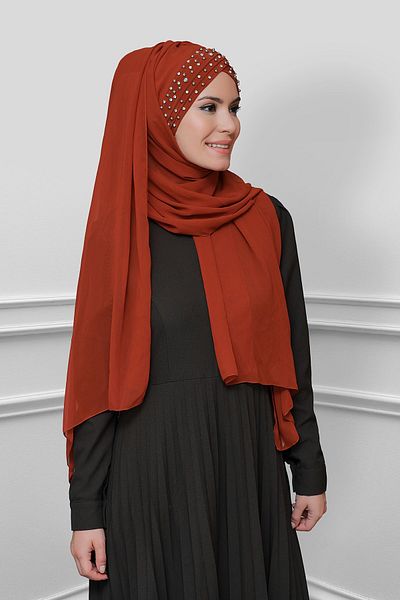 HÜRREM BONE Tan Practical Ready-made Snap-on Bonnet Shawl Chiffon Self-Bonneted Stone Χειροποίητο Κεντημένο 1450_33