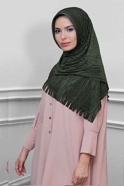 HÜRREM BONE Χακί Πρακτικό έτοιμο μαντήλι Hijab Fukuro με πλισέ κρόσια με λέιζερ 1820_09