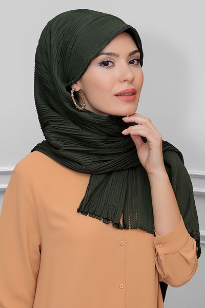 HÜRREM BONE Χακί πίσω γραβάτα Hijab κασκόλ με κομμένες ίνες πτυχωτές κρόσσια κοπή με λέιζερ 1919_09
