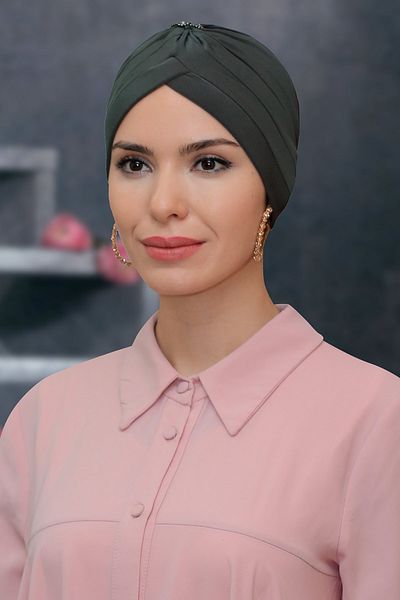 HÜRREM BONE Χακί Πρακτικό έτοιμο κουμπωτό μαντήλι Hijab Bonnet Sandy Fabric Crowned Drawstring 1208_09