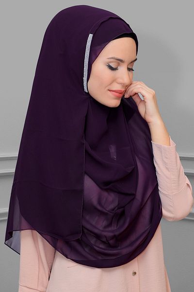 HÜRREM BONE Plum Practical Ready-Made Μαλαισιανό σάλι σιφόν με πέτρες 1850_07