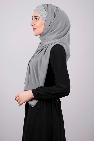 HÜRREM BONE Gray-silver Back Tie Shawl Chiffon Three-Stripes Glitter Pleated 1835_1501