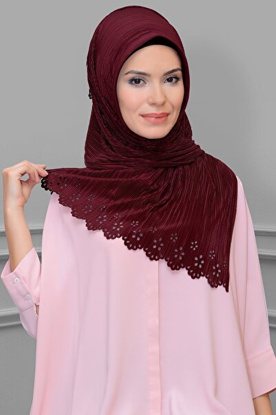 HÜRREM BONE وشاح حجاب متشابك عملي أحمر كلاريت فوكورو مطوي زهرة منقوشة قطع ليزر 1819_16