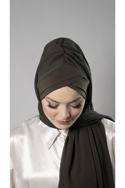 HÜRREM BONE Khaki Practical Ready-made Snap-on Bone Shawl Chiffon Self-bonded with Two Bands 1452_09