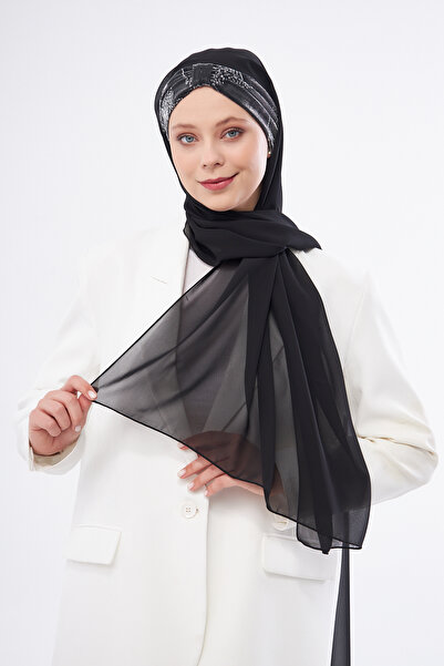 HÜRREM BONE Flower Patterned Gray Lurex Chiffon Shawl - Tie Back 2318_15