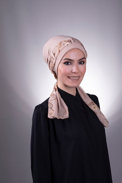 HÜRREM BONE Μπεζ Πρακτικό έτοιμο κουμπωτό Hijab Bonnet Αμμώδες ύφασμα με σχέδιο σιφόν με ζώνη 1205d_12