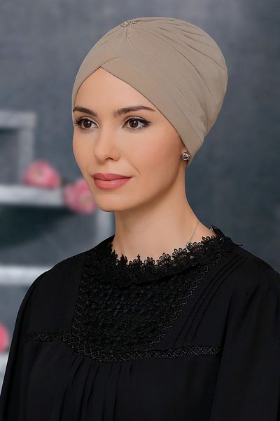 HÜRREM BONE Μπεζ Πρακτικό έτοιμο κουμπωτό Hijab Bonnet Αμμώδες ύφασμα με κορδόνι 1208_12