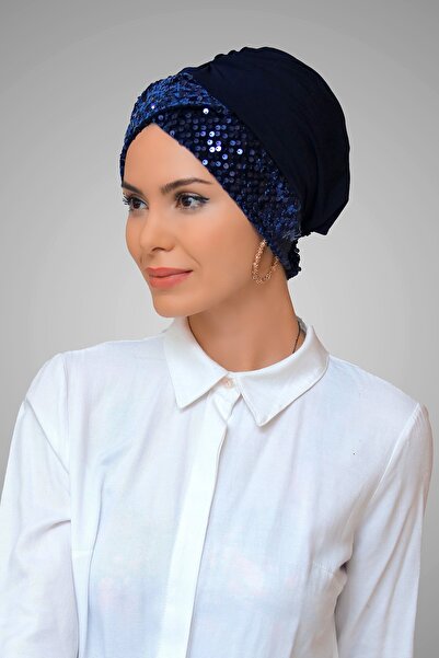 HÜRREM BONE Lacivert Pratik Hazır Geçmeli Tesettür Bone Sandy Kumaş Pullu Tek Çapraz 1907_02