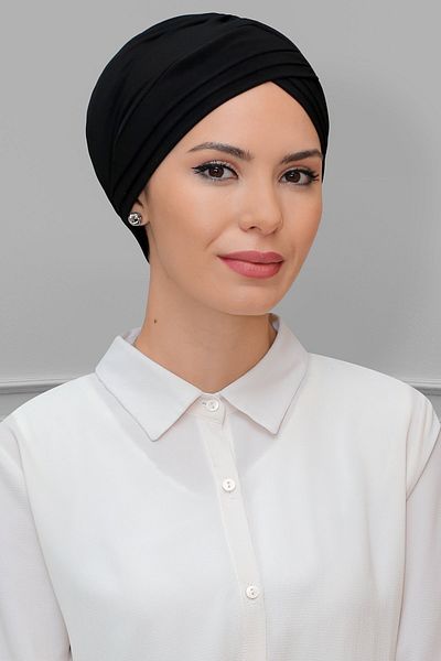 HÜRREM BONE Black Practical Ready Interlocking Hijab Bonnet Sandy Fabric Three Cross 1803_01