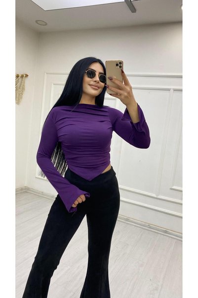 BERİ BUTİK Kadın Kayık Yaka Mor Bluz