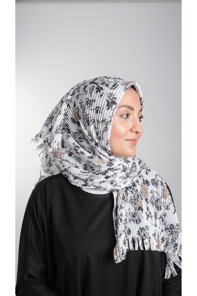 HÜRREM BONE Κρεμ-μαύρο Πρακτικό έτοιμο στο χέρι μαντήλι Hijab με κομμένες ίνες Πλισέ με λουλουδάτο μοτίβο 1818d6_4001