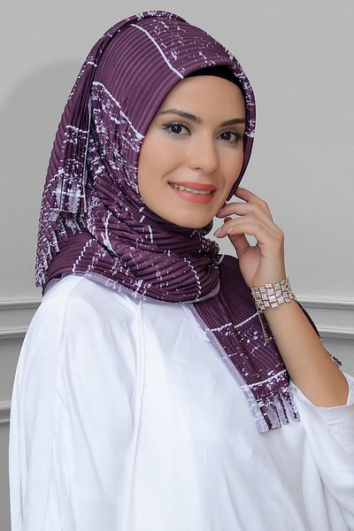 HÜRREM BONE Eșarfă practic cu hijab împletit gata de prune Fibră despicată plisată cu dungi 1818d2_07