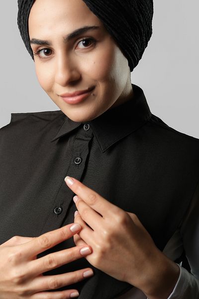 HÜRREM BONE Cămașă Neagră Guler Gât Terikoton Plain 1015_01