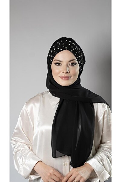 HÜRREM BONE Siyah Pratik Hazır Geçmeli Bone Şal Şifon Kendinden Boneli Taşlı Elişi Işlemeli 1450_01