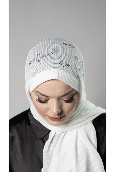 HÜRREM BONE Alb, practic, gata de fixare, șal hijab, țesătură tricotată, piatră, model floral 2118C_42