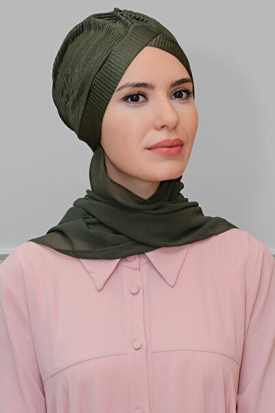 HÜRREM BONE حجاب فوري عملي بلون الكاكي مع طيات وشريط متقاطع واحد وشال شيفون 1...