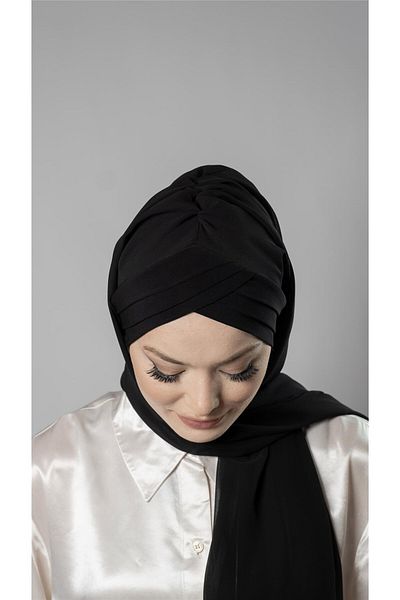 HÜRREM BONE Black Practical Ready-made Interlocking Bonnet Shawl Chiffon Self-bonded Three-Striped 1451_01