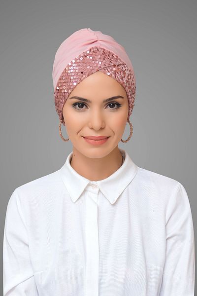 HÜRREM BONE Πούδρα Πρακτικό έτοιμο κουμπωτό Hijab Bonnet Sandy Fabric Sequin Single Cross 1907_06
