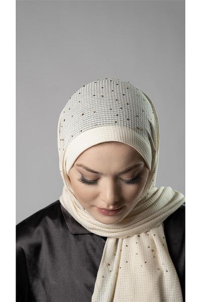 HÜRREM BONE شال حجاب كريمي عملي جاهز للانزلاق من القماش المحبوك بنمط الحجر 2118T_40