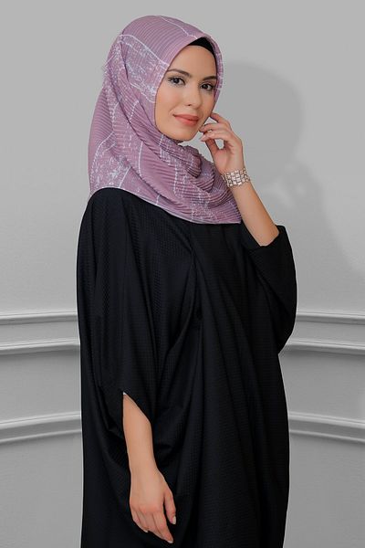 HÜRREM BONE Dusty Rose Eșarfă practic gata de fabricație Hijab interconectat Fibră discontinuă plisată cu dungi 1818d2_18