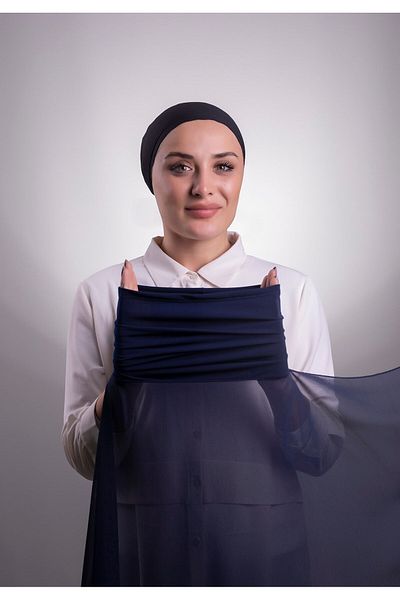 HÜRREM BONE Navy Blue Practical Ready Snap Shawl Chiffon Pipe Bonnet 3001_02