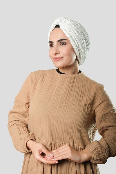 HÜRREM BONE Cream Cross Gathered Pleated Hijab Bonnet Fukuro Self Patterned 2316_40