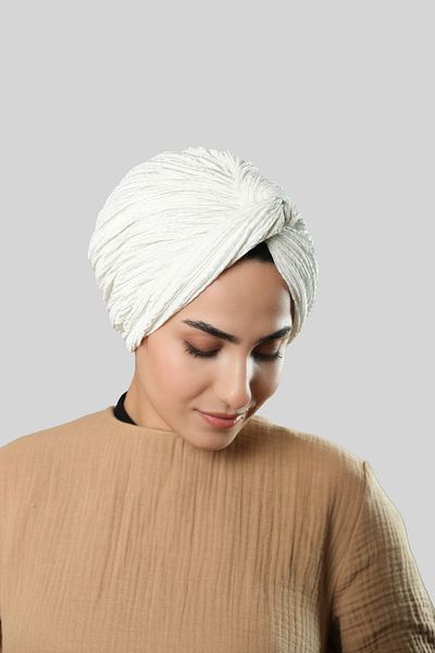 HÜRREM BONE Cream Cross Gathered Pleated Hijab Bonnet Fukuro Self Patterned 2316_40