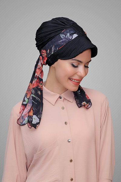 HÜRREM BONE Black Hat Hijab Bonnet Cut Fiber Patterned Chiffon Belt 1902_01