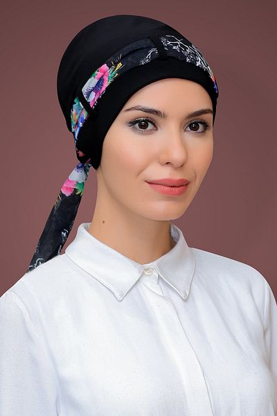HÜRREM BONE Black Practical Ready-made Hijab Bonnet Sandy Fabric Patterned with Chiffon Belt 1205d_01