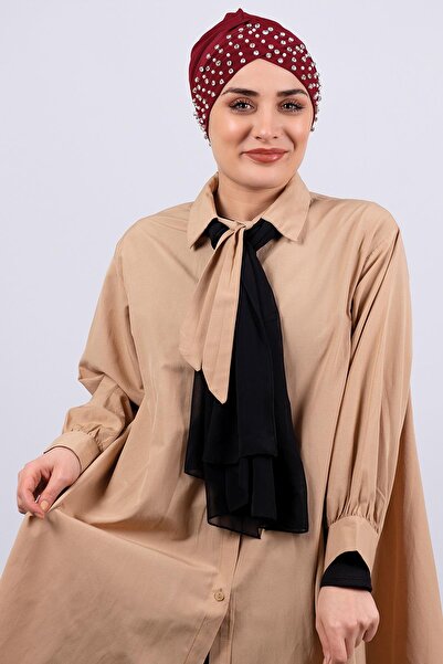 HÜRREM BONE أحمر كلاريت حجاب عملي متداخل جاهز قماش ساندي مرصع بالأحجار 1456_16