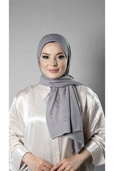 HÜRREM BONE Γκρι Πρακτικό έτοιμο στο χέρι μουσουλμανικό σάλι πλεκτό ύφασμα με...