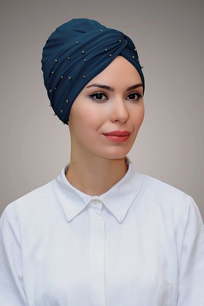 HÜRREM BONE P. Μπλε πρακτικό περιτυλιγμένο μαντήλι Hijab Αμμώδες ύφασμα με χάντρες 1870_17