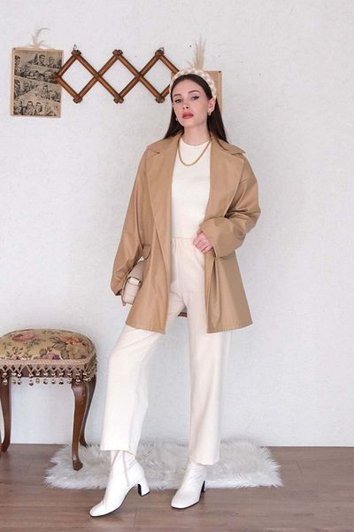 Ceylan Otantik Cream Leather Jacket & Cream Crepe Pipe Leg Pants